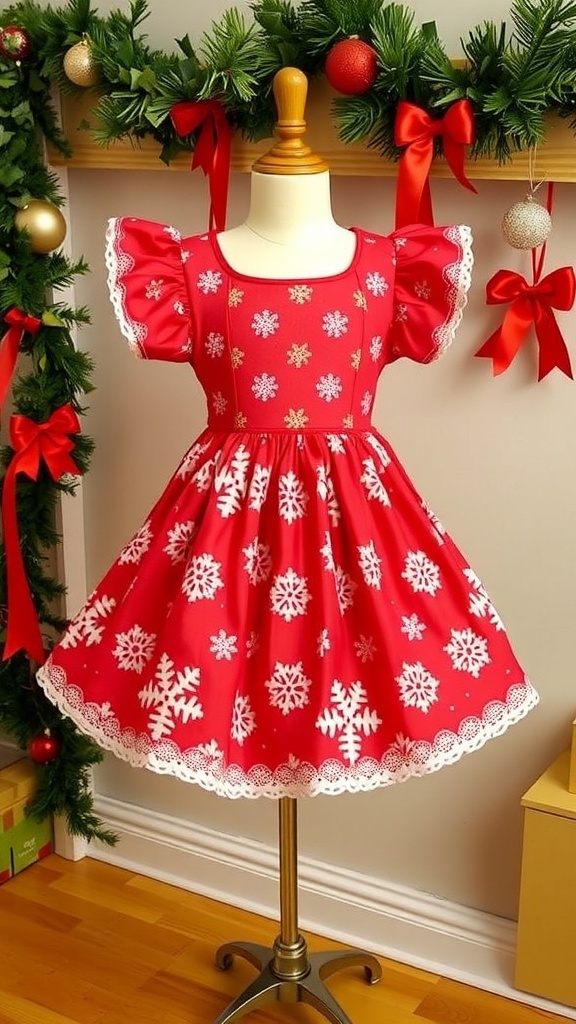 A handmade Christmas dress in red with snowflake patterns on a dress form, surrounded by holiday decorations.